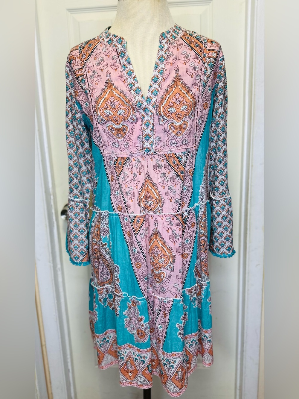 Lola Australia Tiered Boho Cotton Paisley Mini Dress Pink Teal Size XS